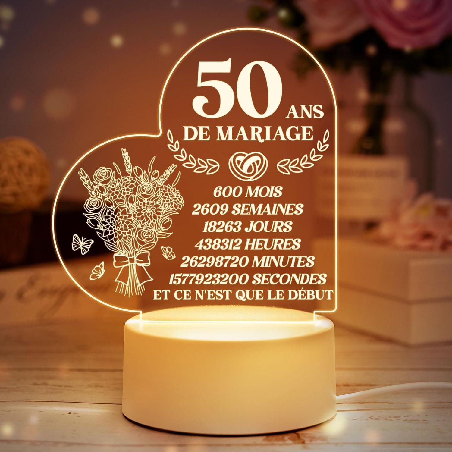 Lámpara de acrílico grabado con base LED encendida, motivo de aniversario de boda