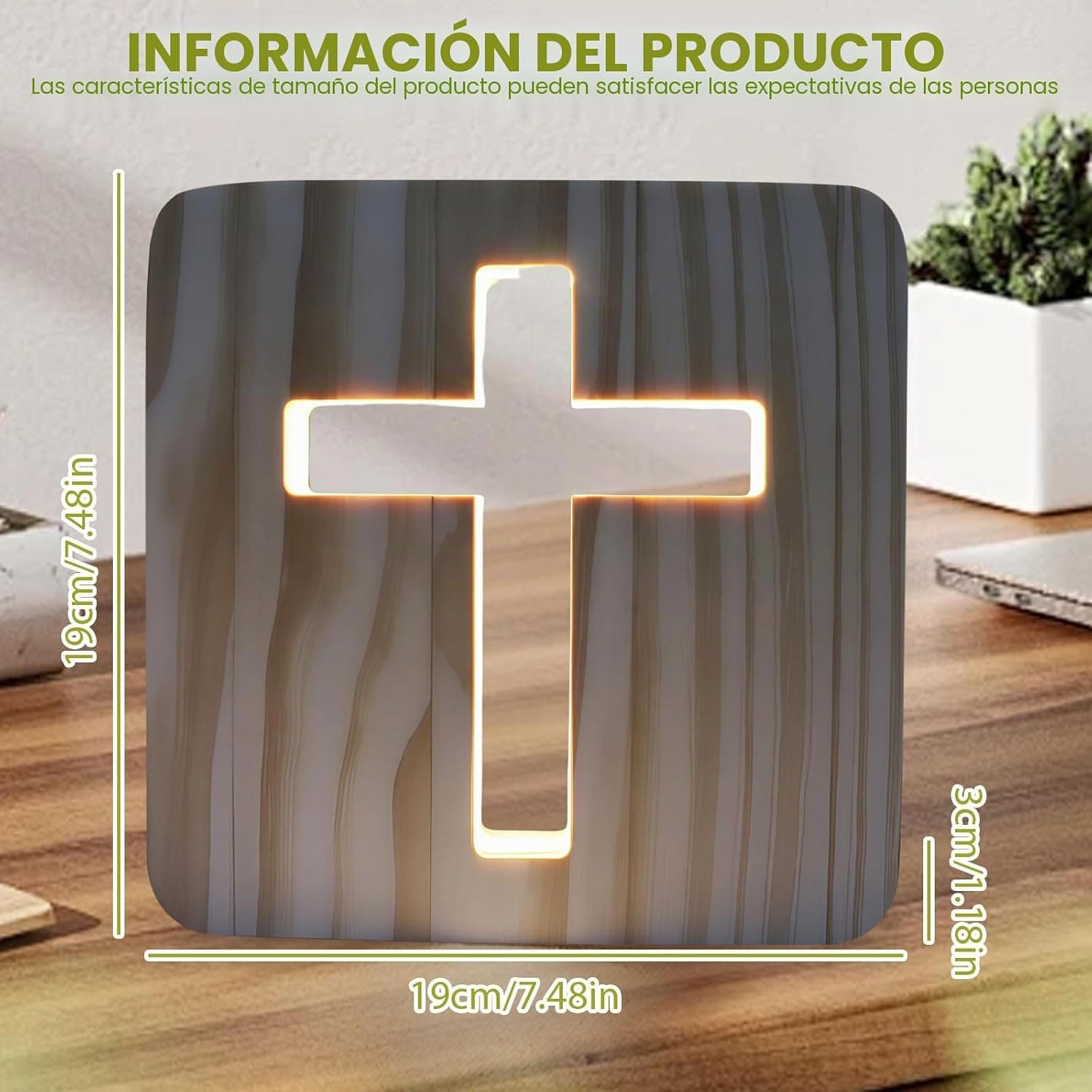 Luz nocturna de cruz con Jesús, tallada en madera 3D, foto 2