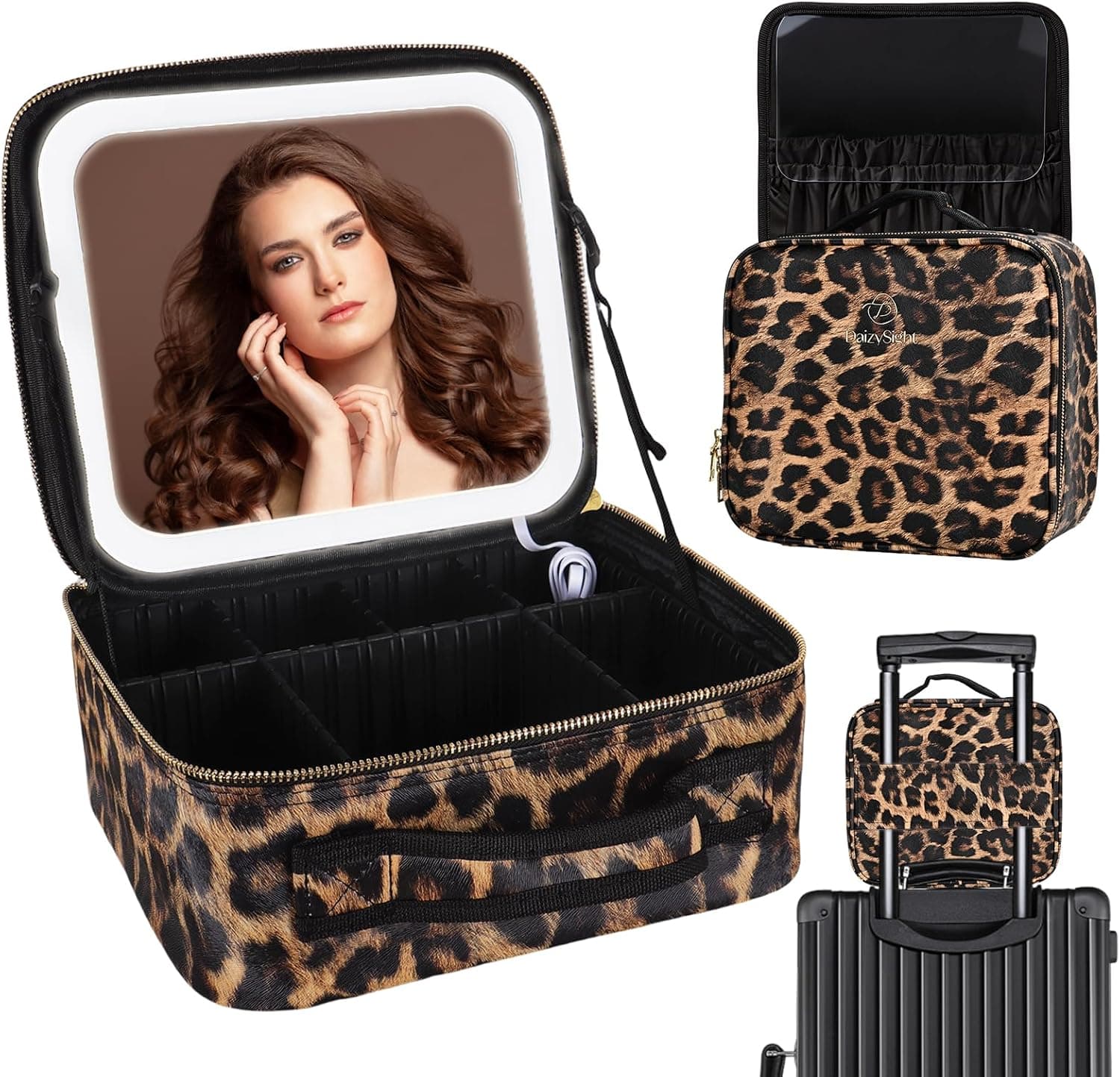 Maletín de maquillaje con estampado de leopardo y espejo LED, de DaizySight