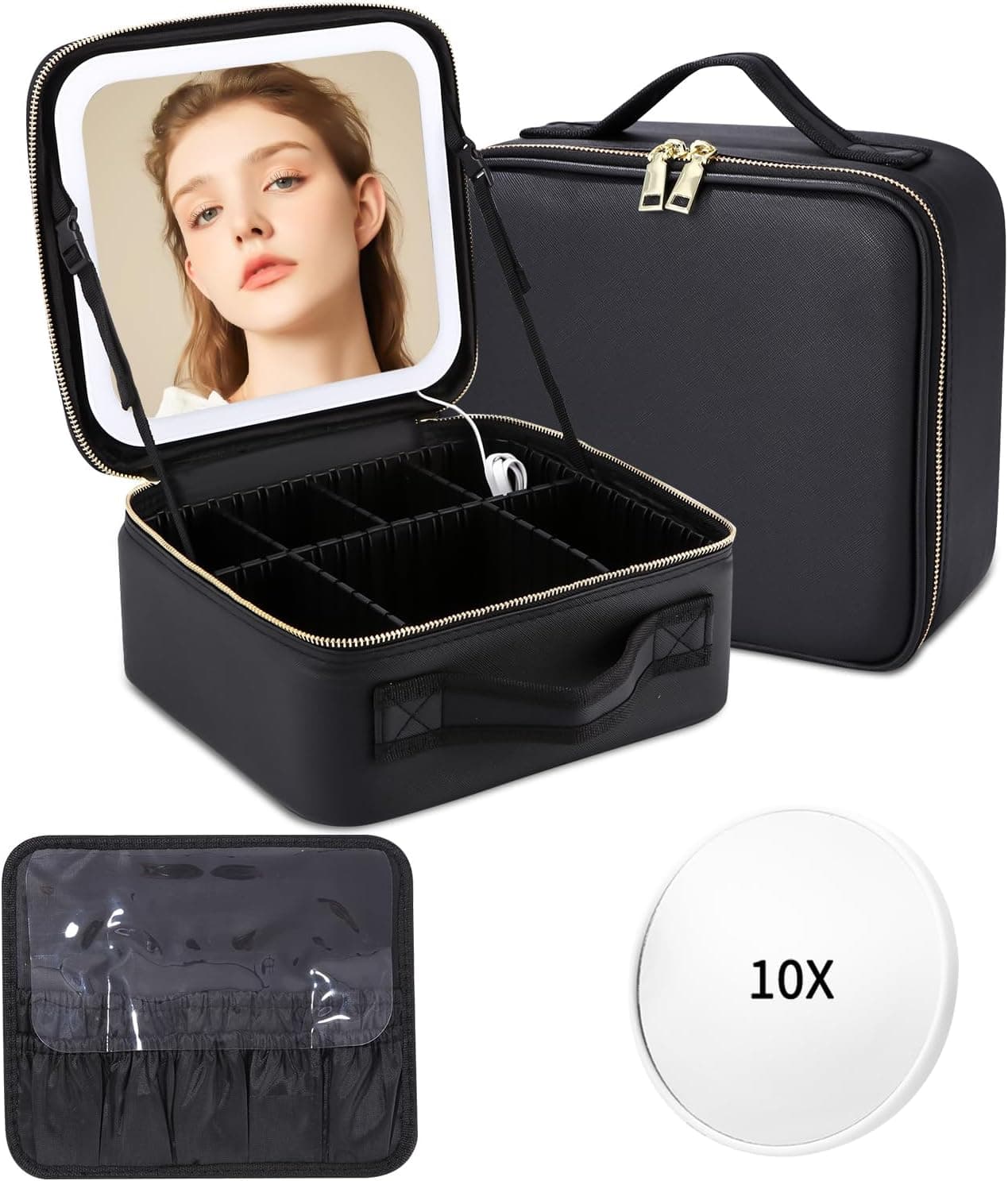 Maletín de maquillaje negro con espejo y lupa de aumento, de LEAZZLE