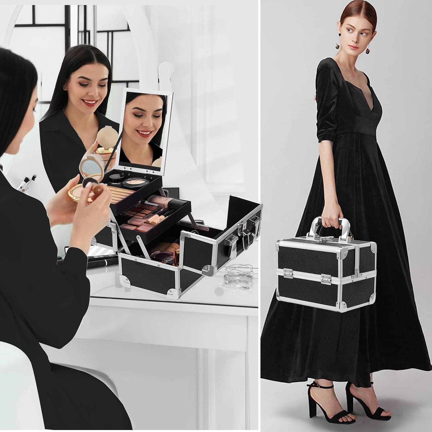 Maletín de maquillaje negro con espejo, Joligrace, foto 2