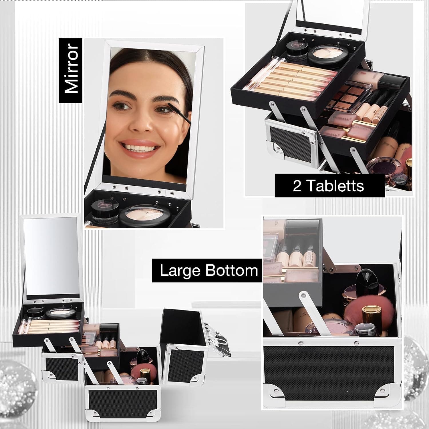 Maletín de maquillaje negro con espejo, Joligrace, foto 3