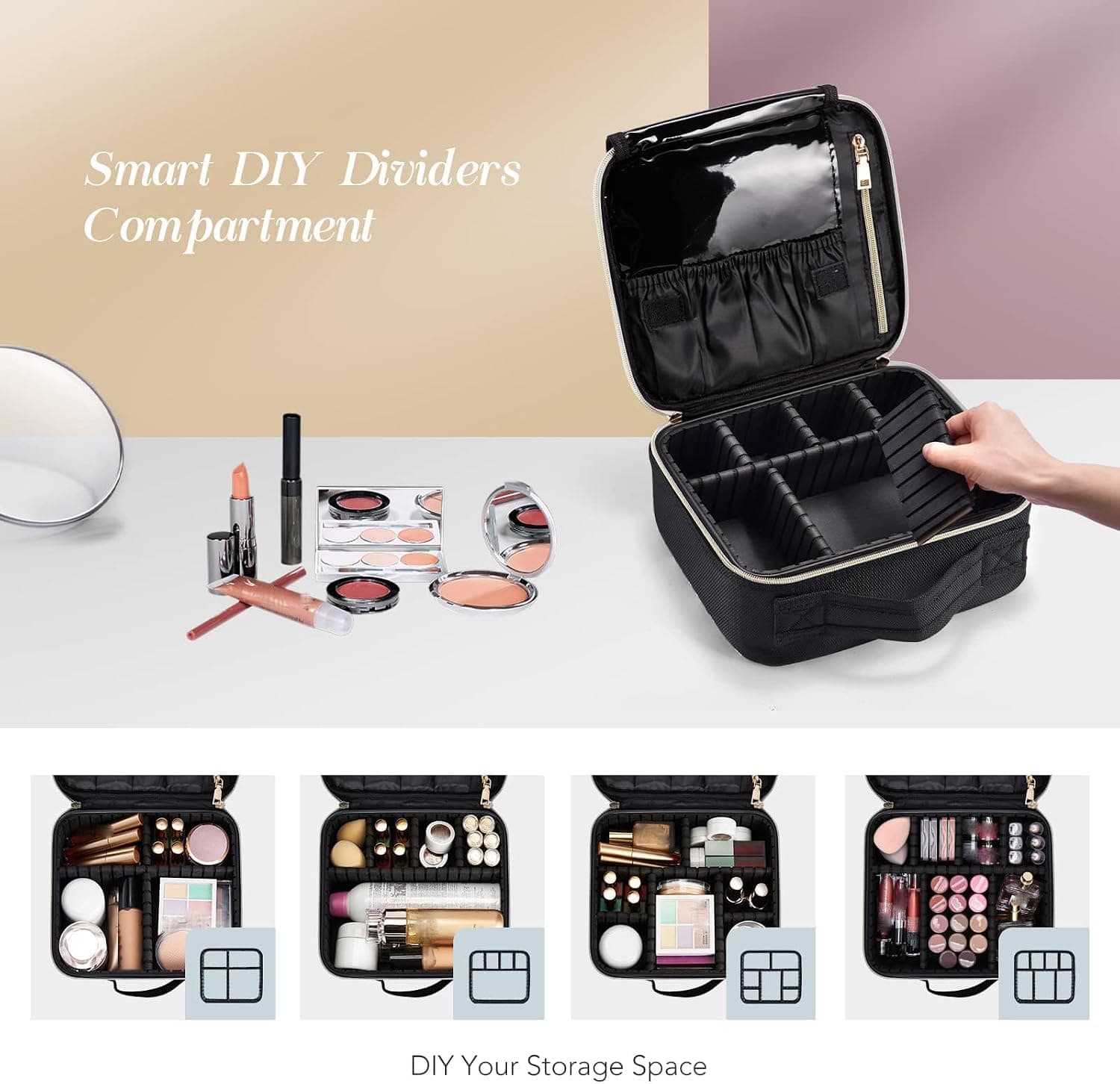Maletín de maquillaje portátil con separadores, Joligrace, foto 3