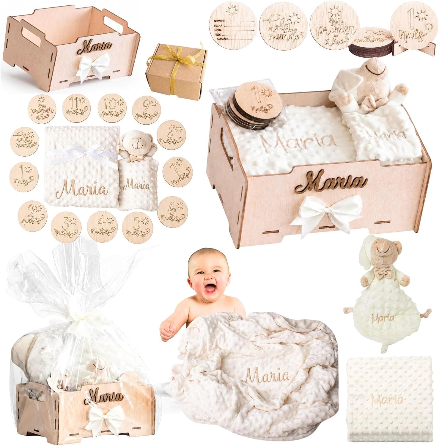 Cesta regalo de bebé con manta, doudou y placas personalizadas