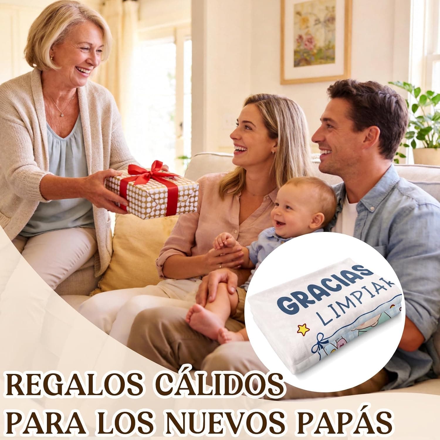 Manta suave de color claro, doblada, pensada como regalo para padres primerizos