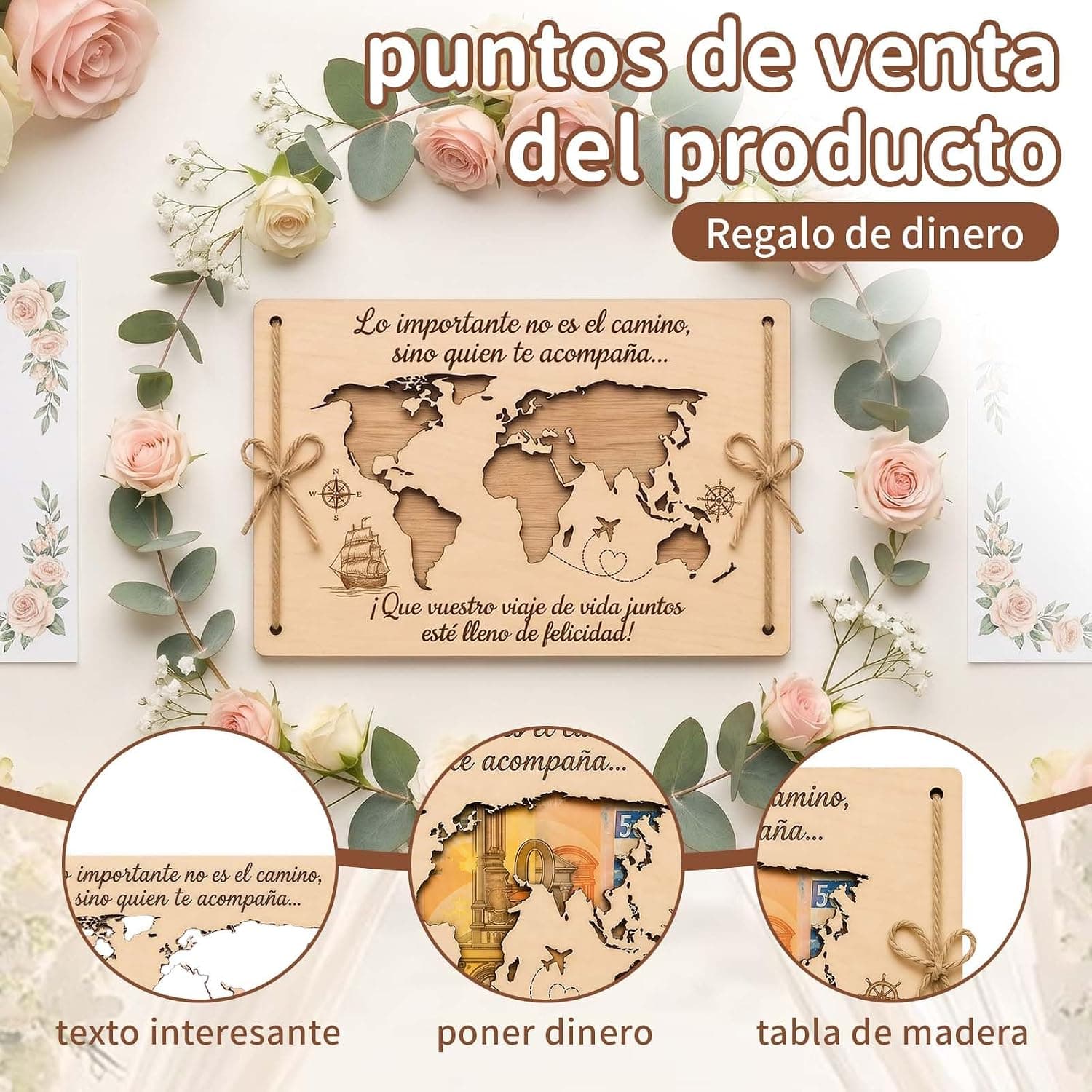 Mapa mundial de madera para regalo de dinero en bodas, foto 3