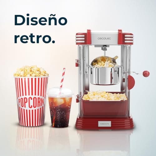 Máquina de palomitas Cecotec junto a un cubo de palomitas y un refresco
