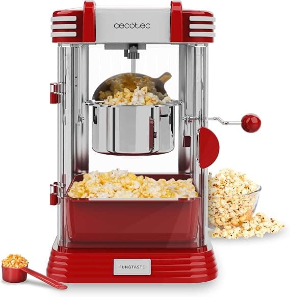 Máquina de palomitas Cecotec con carcasa roja y cromada, estilo años 50
