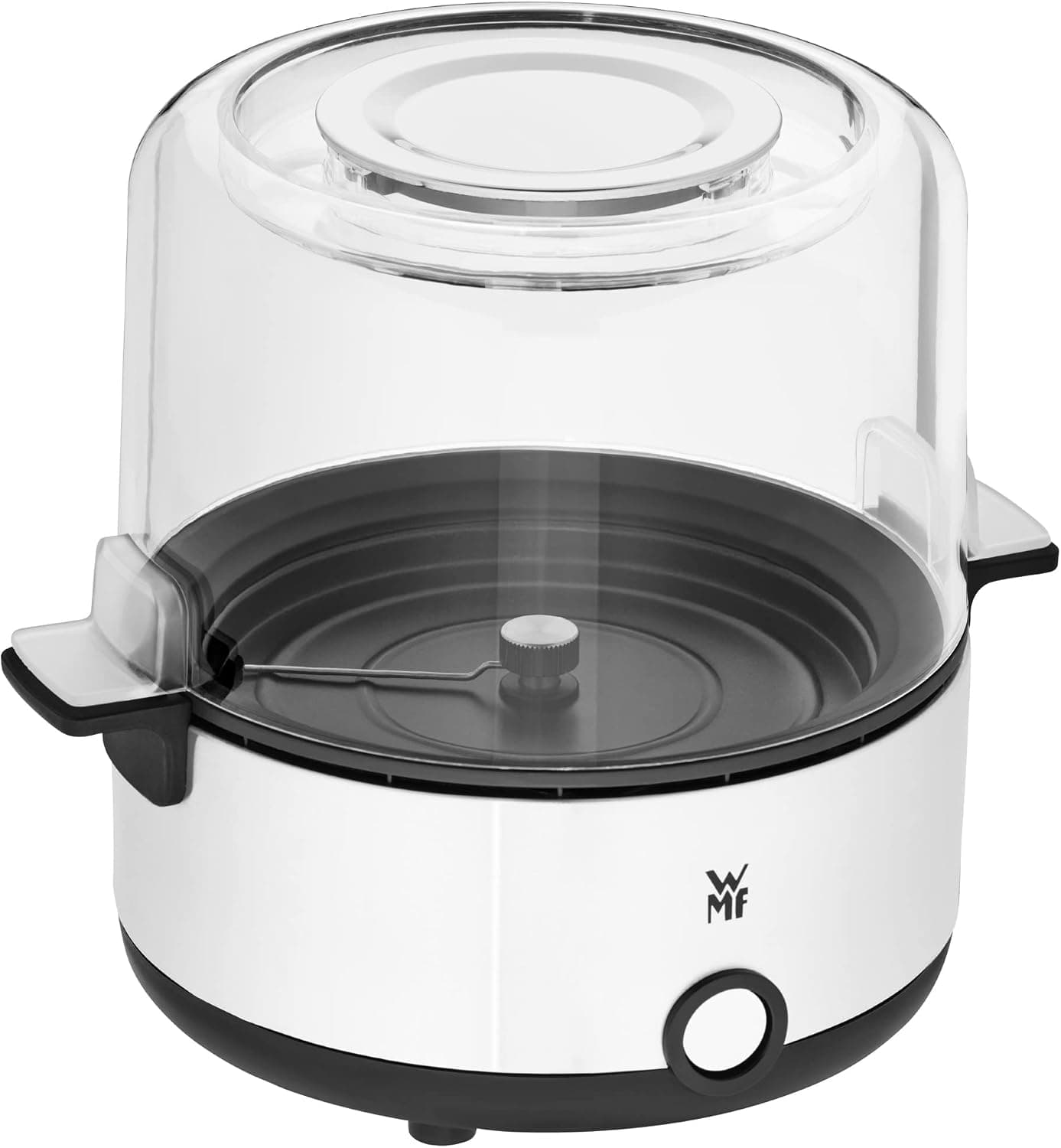 Máquina de palomitas de acero inoxidable mate con tapa transparente, de diseño compacto