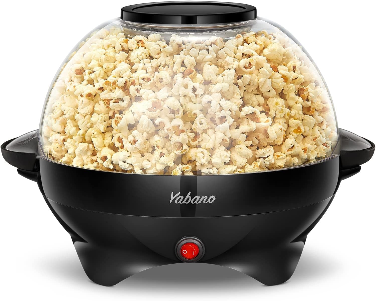 Máquina de palomitas negra con tapa transparente llena de palomitas hechas