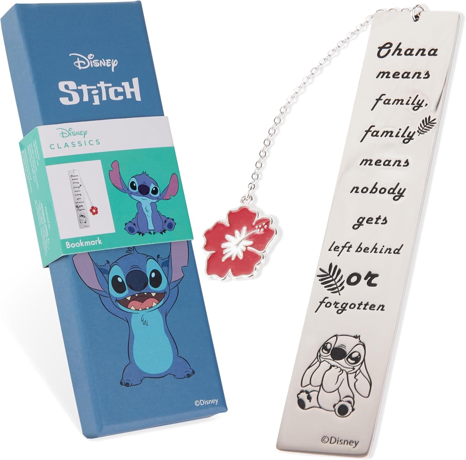Marcapáginas metálico de Stitch con la frase Ohana y un colgante de flor roja, junto a su caja Disney