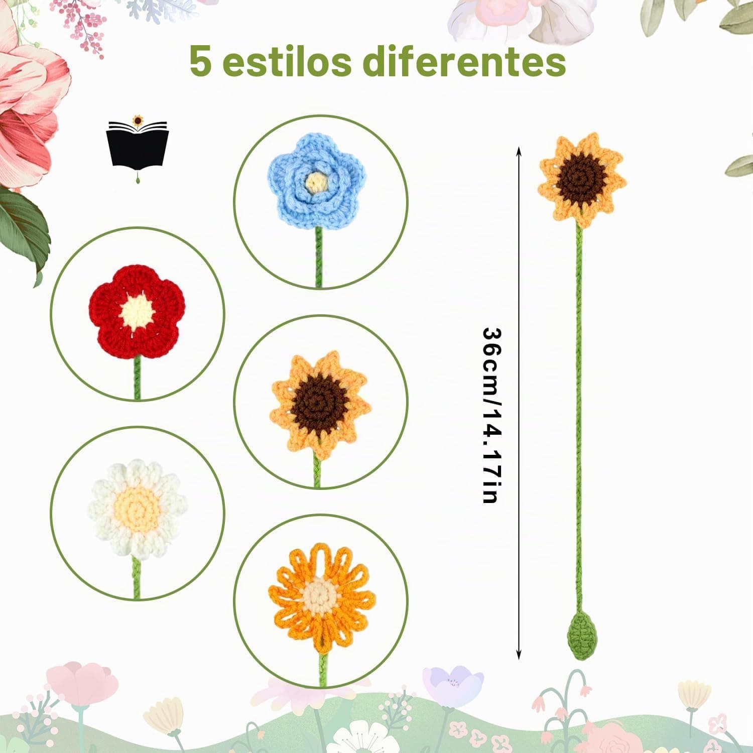 Uno de los marcapáginas de ganchillo colocado dentro de un libro abierto, con la flor asomando por arriba