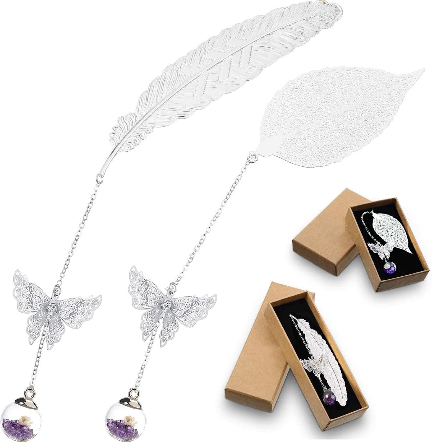 Dos marcapáginas de metal con mariposa y colgante de flor seca, en su caja