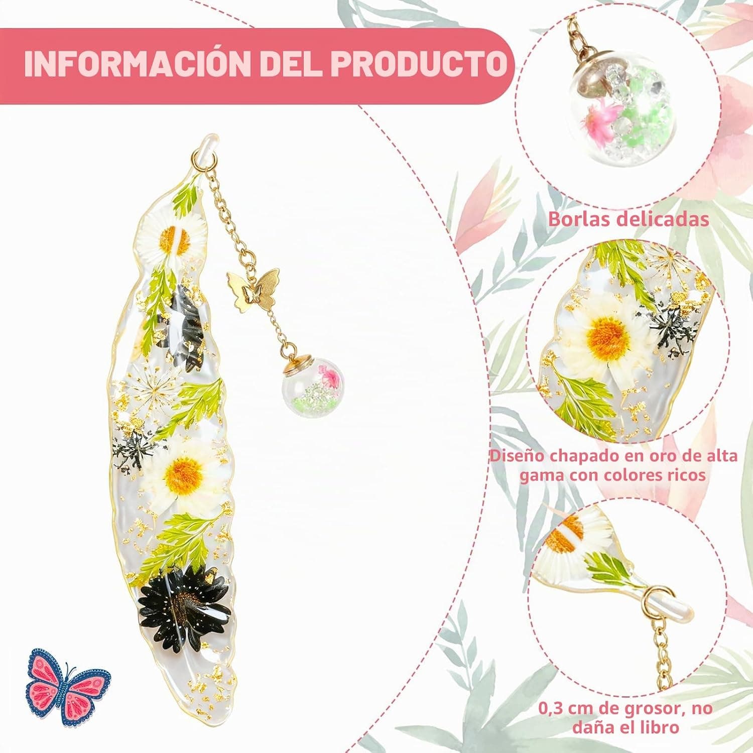 Marcapáginas de resina con flores secas y plumas, foto 3