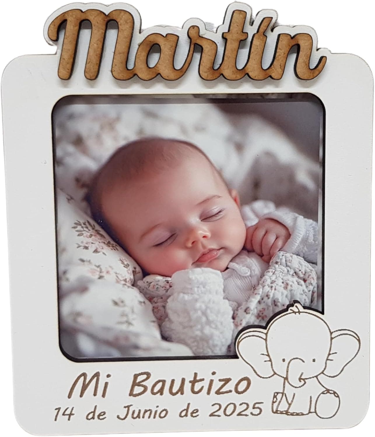 Marco de fotos pequeño con imán, personalizado con el nombre del bebé y la fecha del bautizo