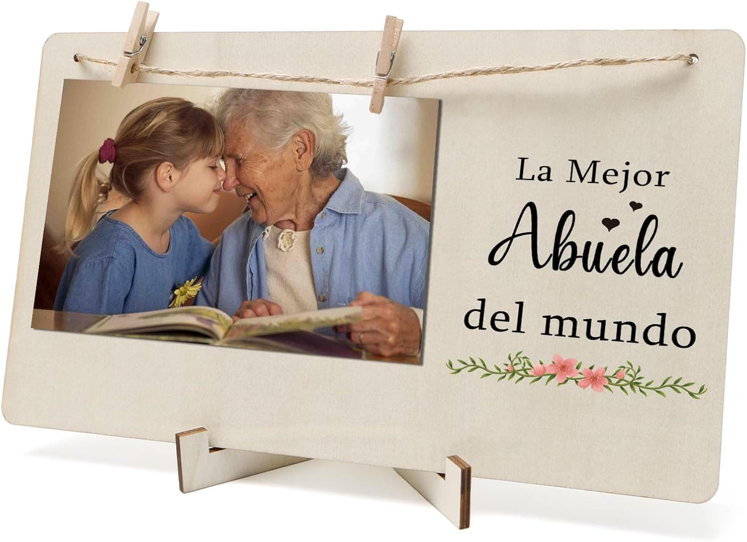 Portafotos de madera con cuerda y pinzas y un mensaje para la abuela