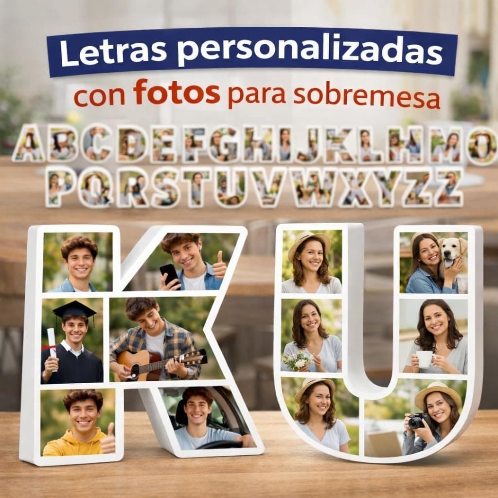 Letras del abecedario en formato collage con fotos, y en primer plano las letras K y U rellenas con varias fotos personalizadas cada una