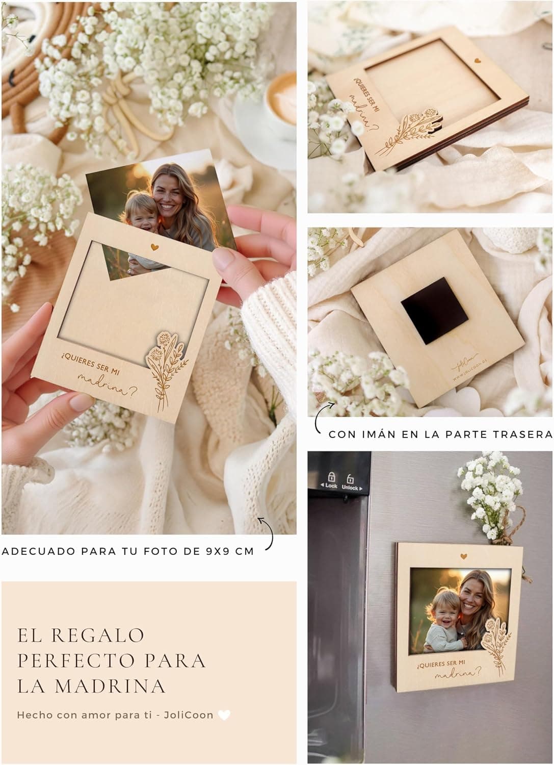 Montaje del fabricante con cuatro vistas del marco: una mano introduciendo la foto por la ranura, el marco de perfil, el imán negro cuadrado de la parte trasera y el marco pegado a la puerta de una nevera