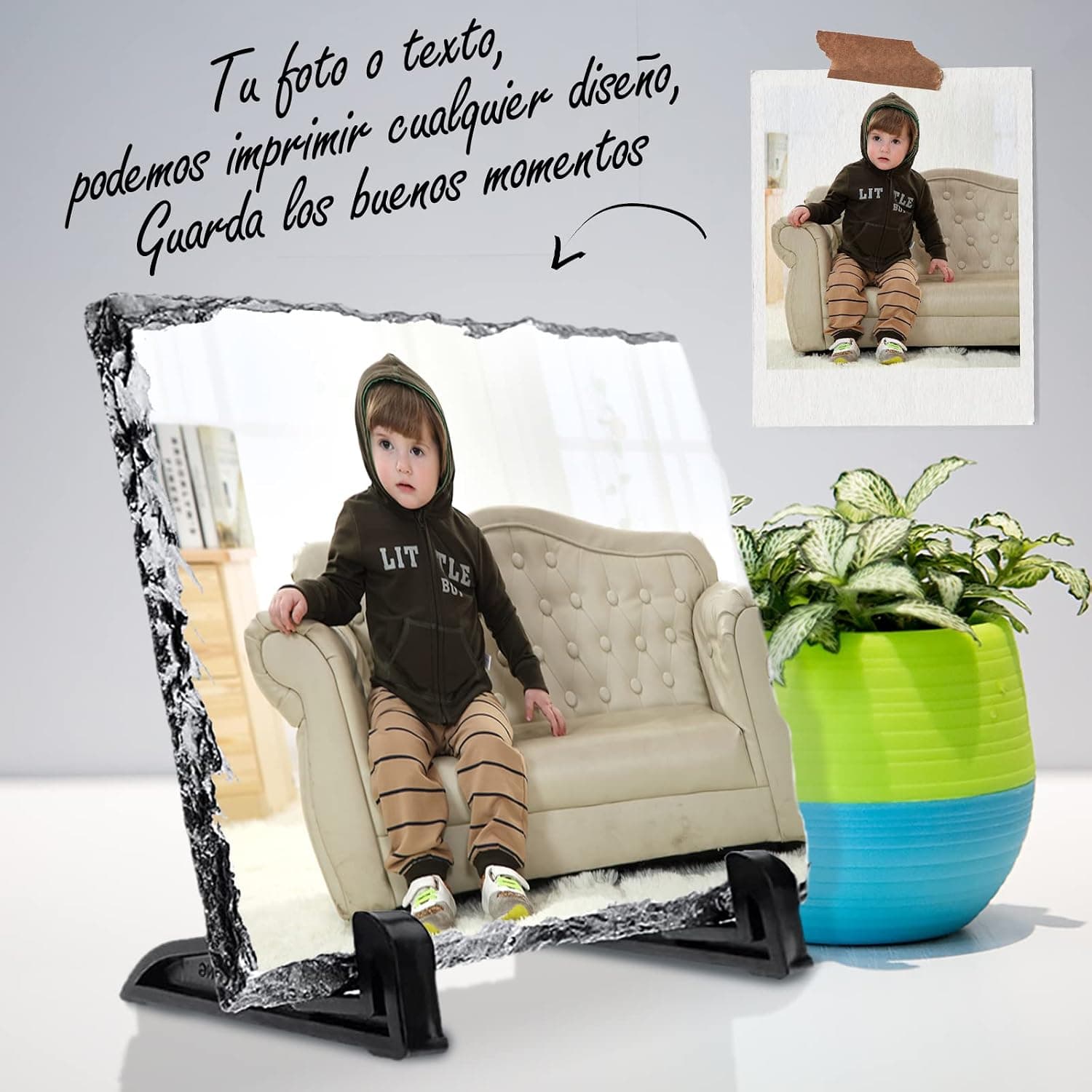 Marco de piedra personalizado con la foto impresa directamente sobre la superficie