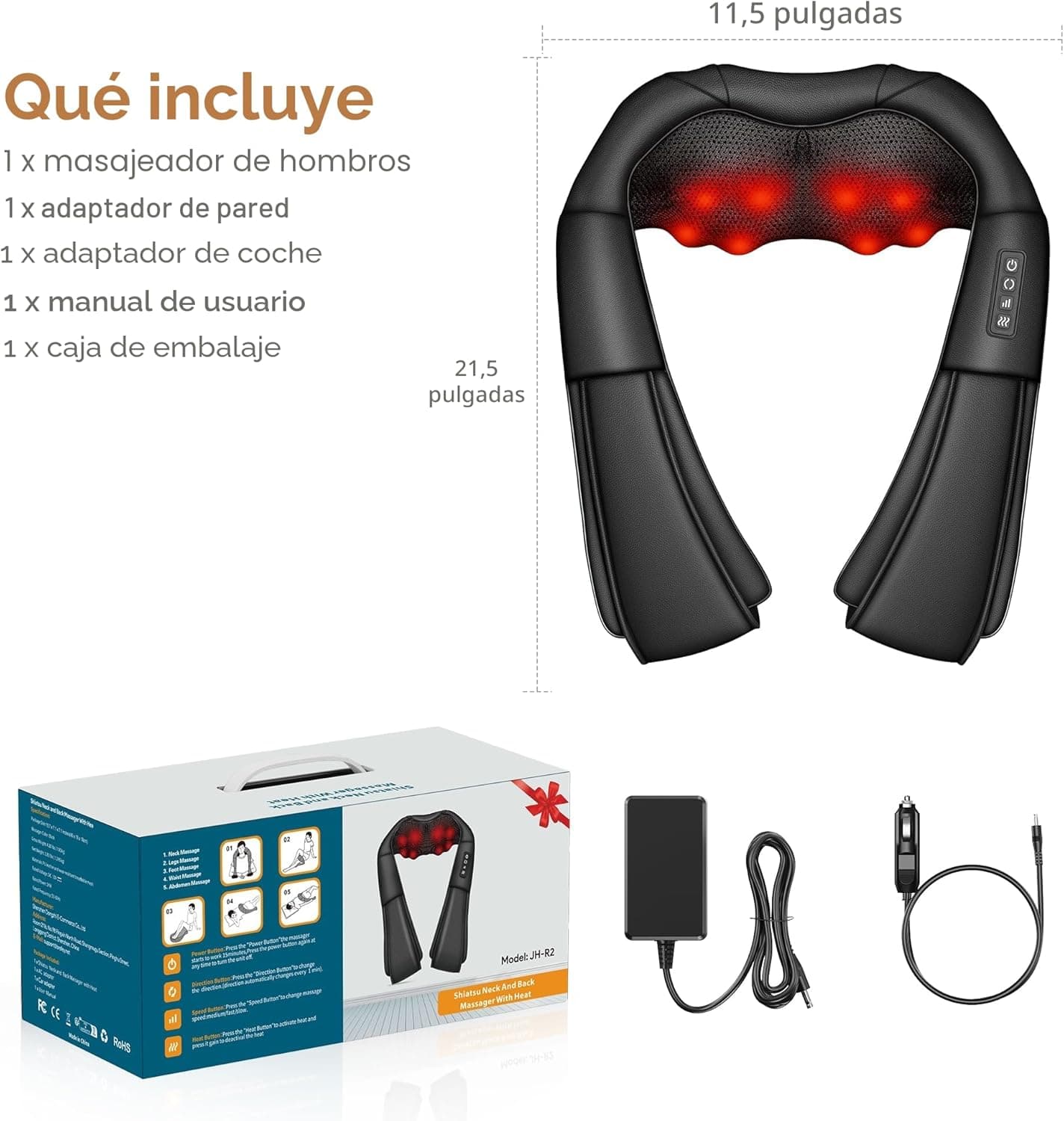 Medidas del masajeador y accesorios incluidos: adaptador de pared, adaptador de coche y caja de embalaje