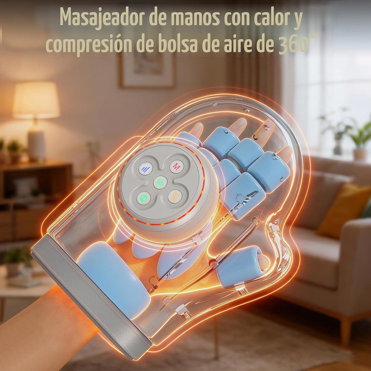 Esquema del interior del guante con las bolsas de aire que envuelven dedos, palma y muñeca