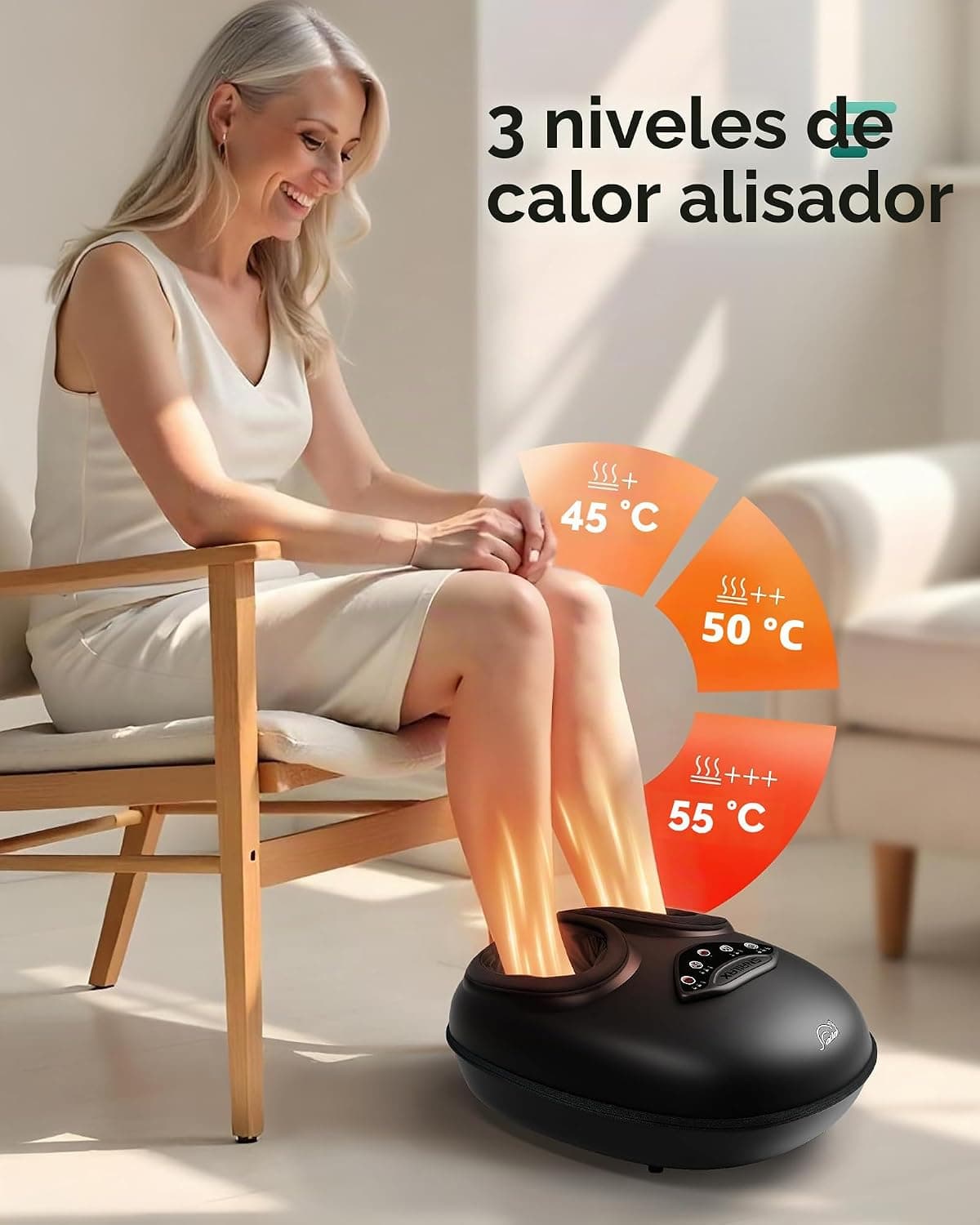 Una persona sentada en un sillón con los pies dentro del masajeador y los tres niveles de calor señalados
