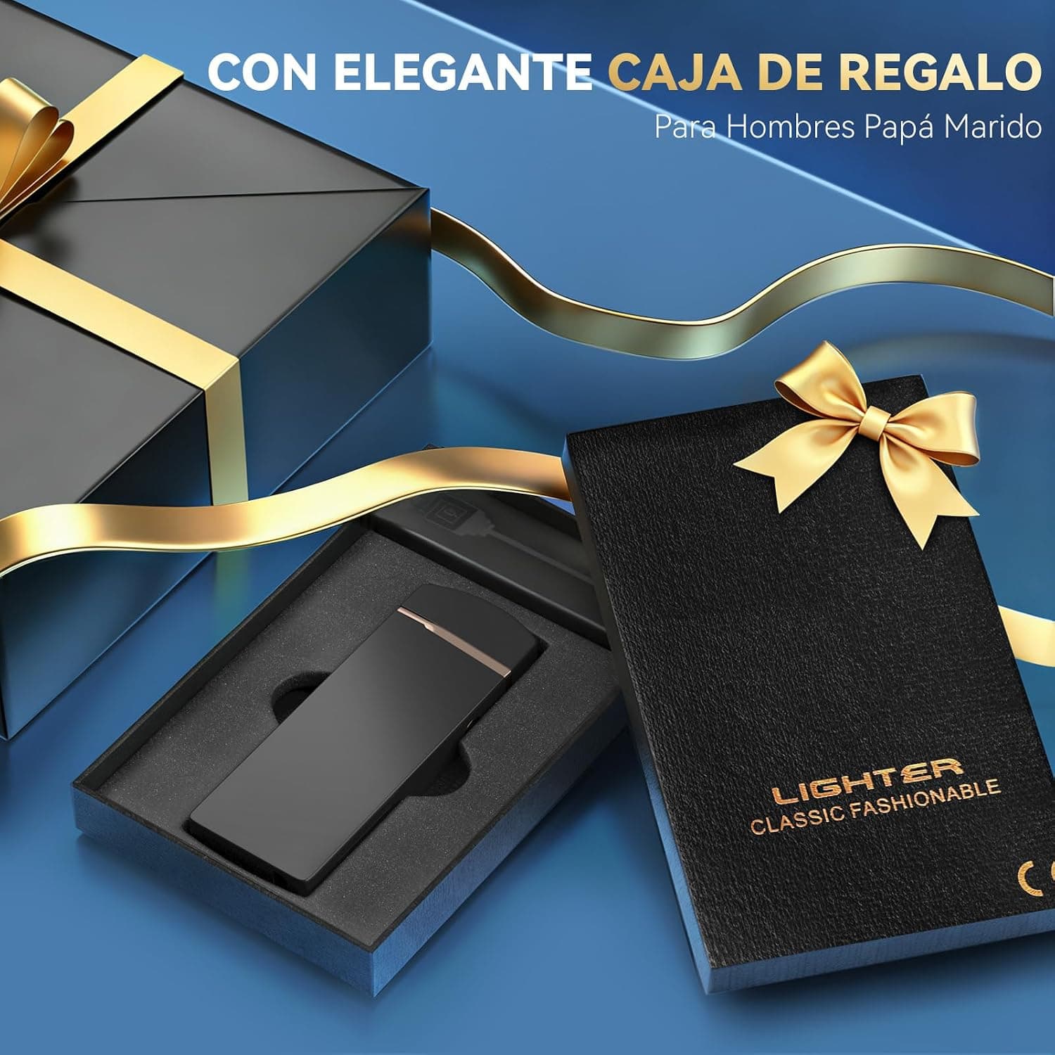El mechero cerrado en la mano, con el cable de carga USB y el tamaño de bolsillo a la vista