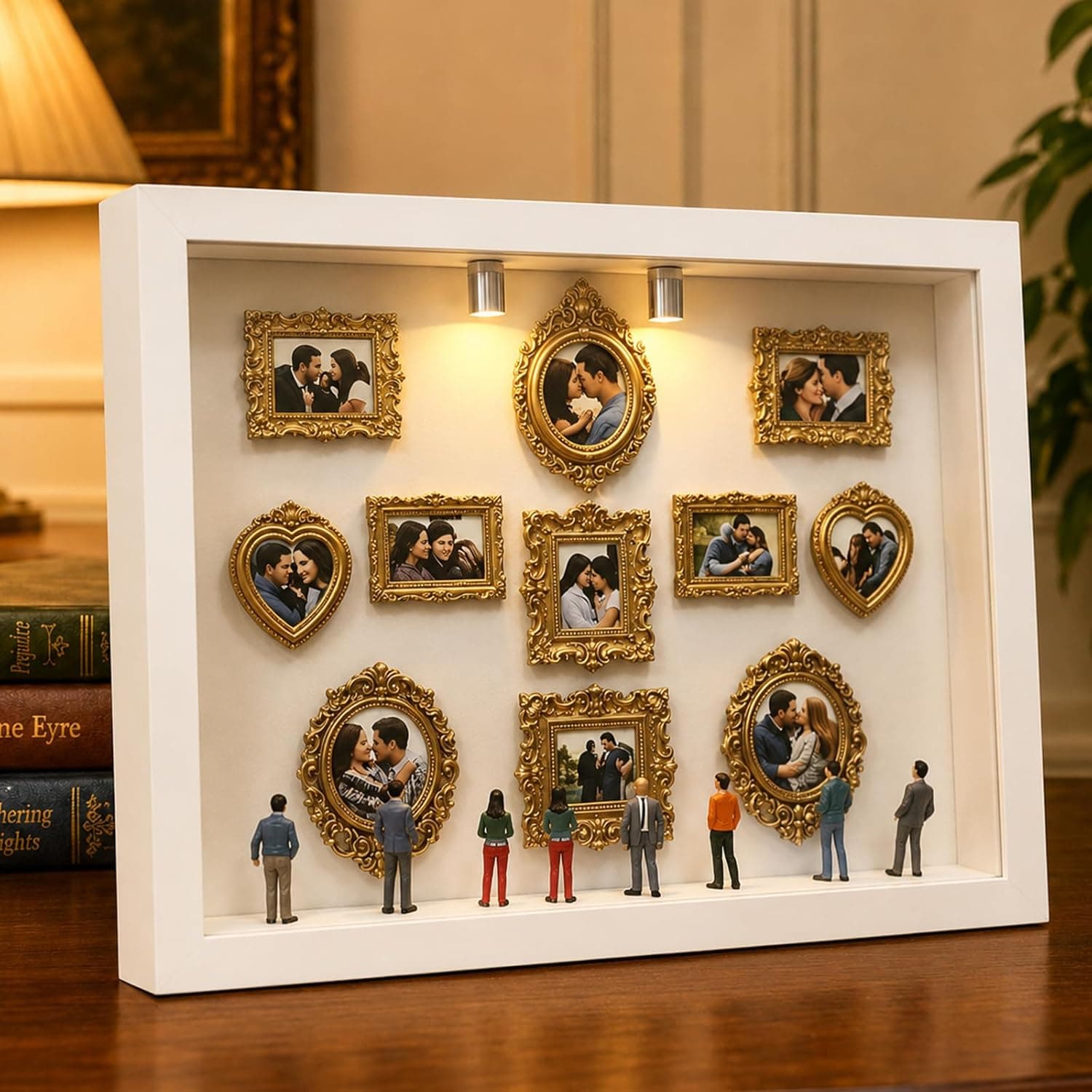 Micro museo en miniatura con marcos de foto iluminados
