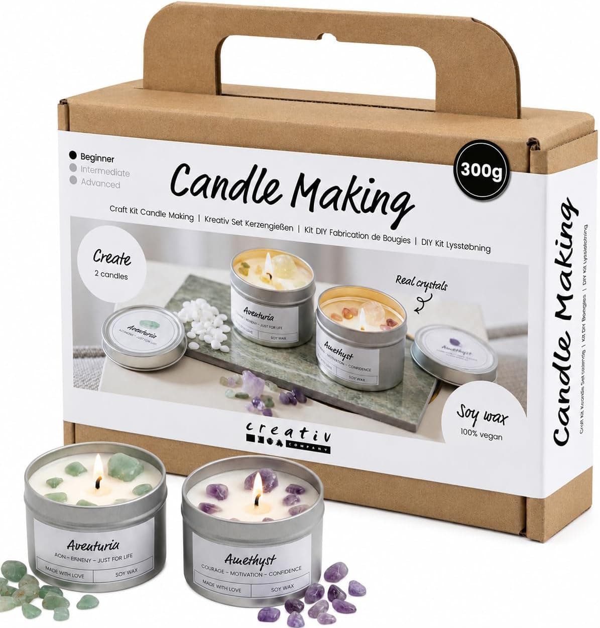 Mini kit Creativ con dos velas de soja y cristales naturales