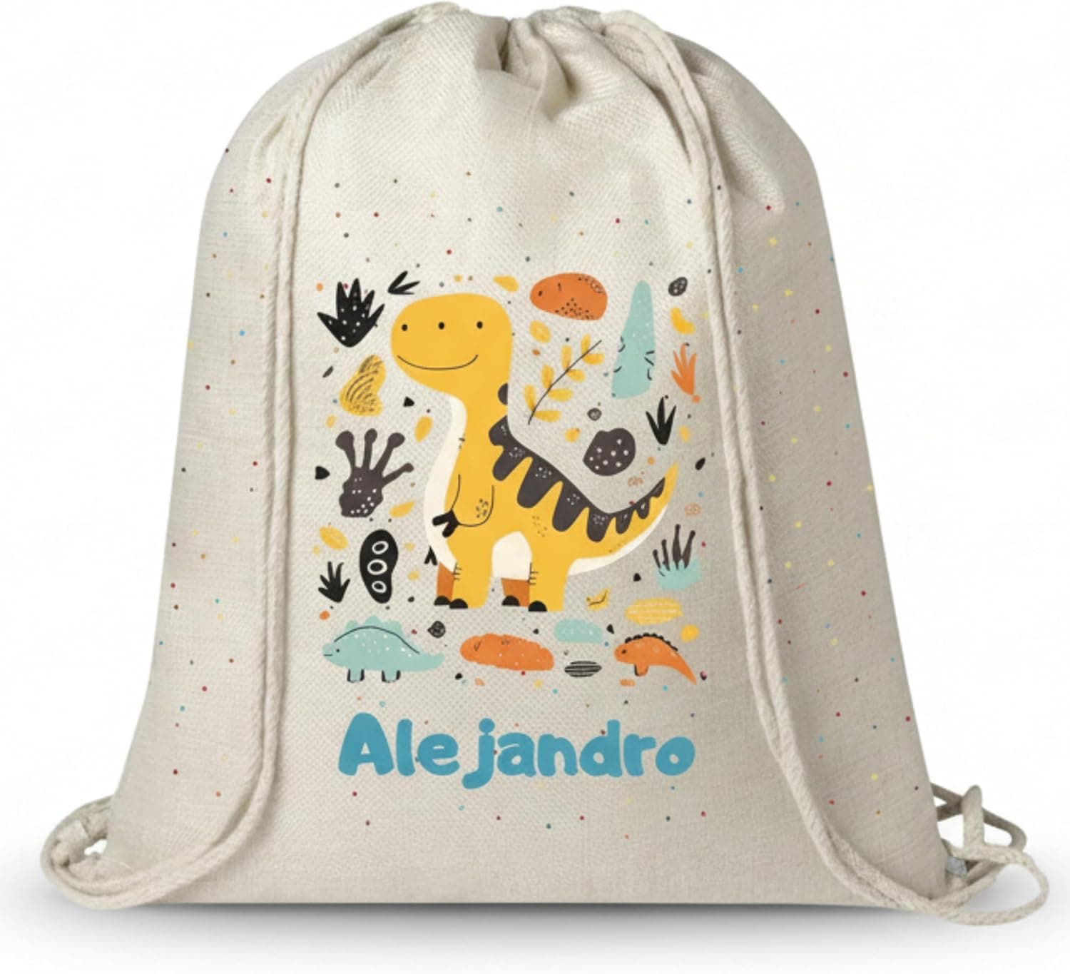 Mochila de cuerdas de tela con un diseño de dinosaurio y el nombre bordado