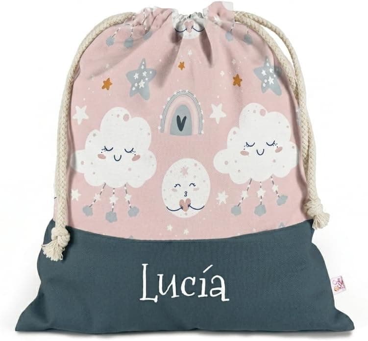 Mochila saco de tela con cordón, personalizada con el nombre de un niño