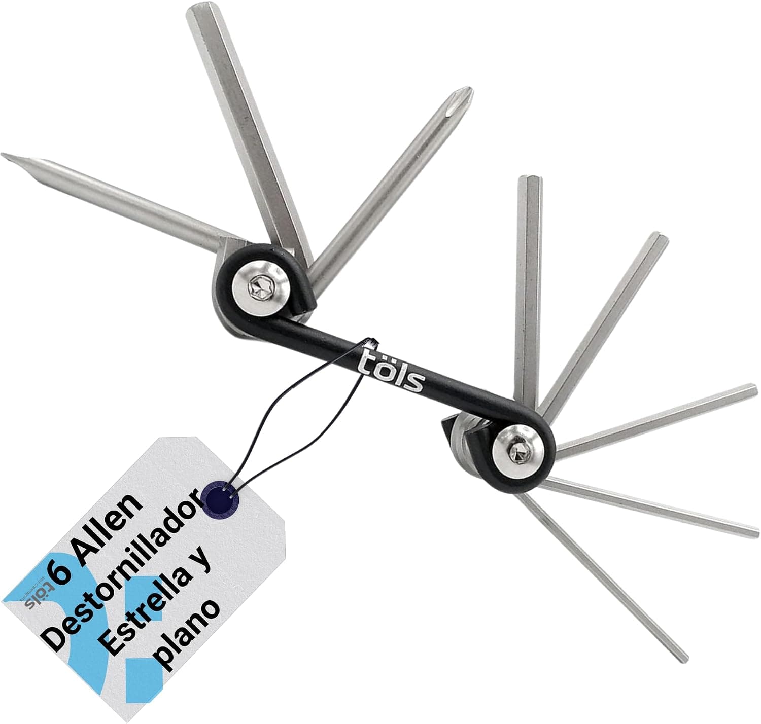 Multiherramienta plegable de bicicleta con llaves Allen y destornilladores desplegados en abanico