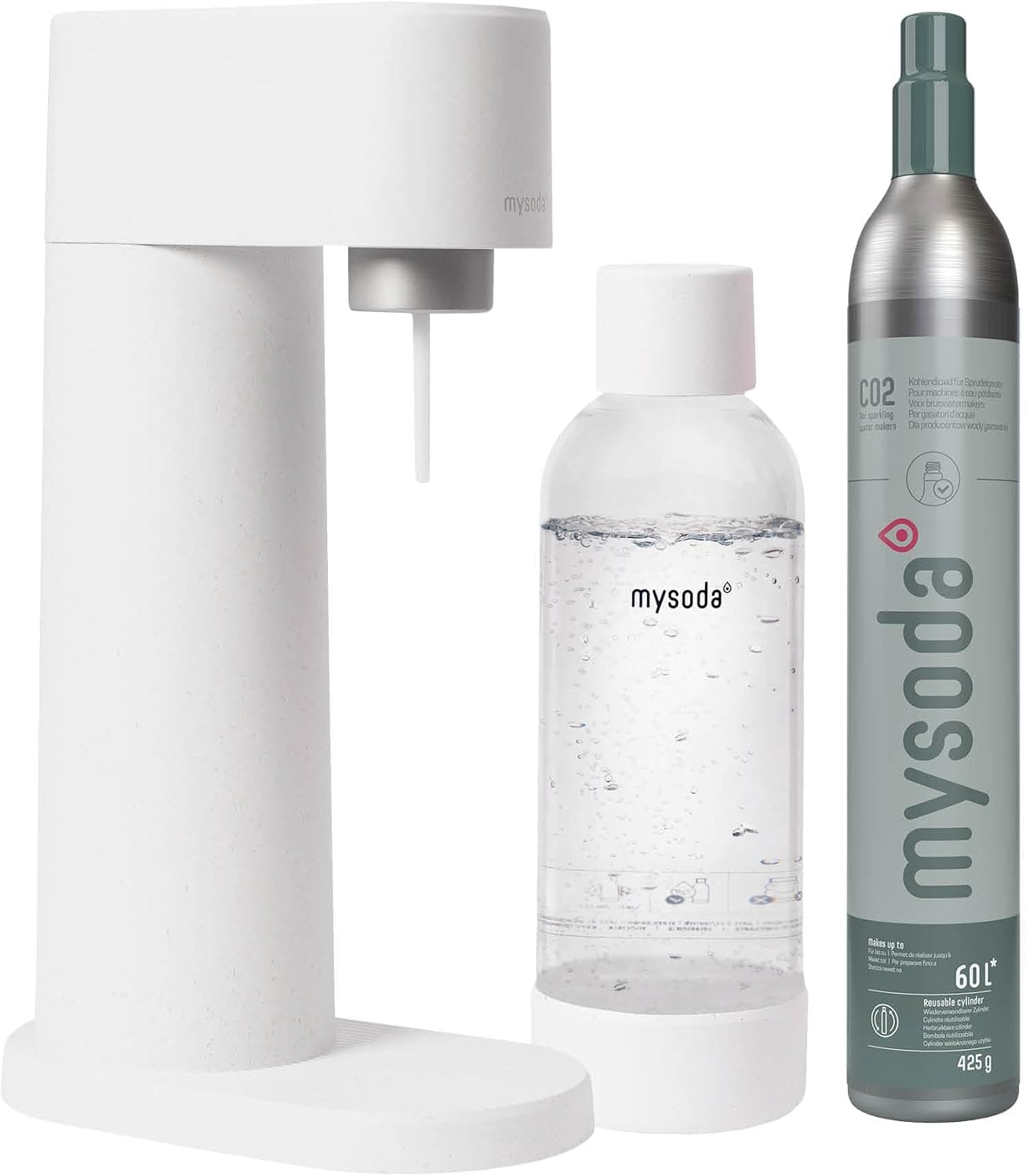 Gasificador de agua blanco con vetas de madera visibles, junto a botella y cilindro de CO2 verde