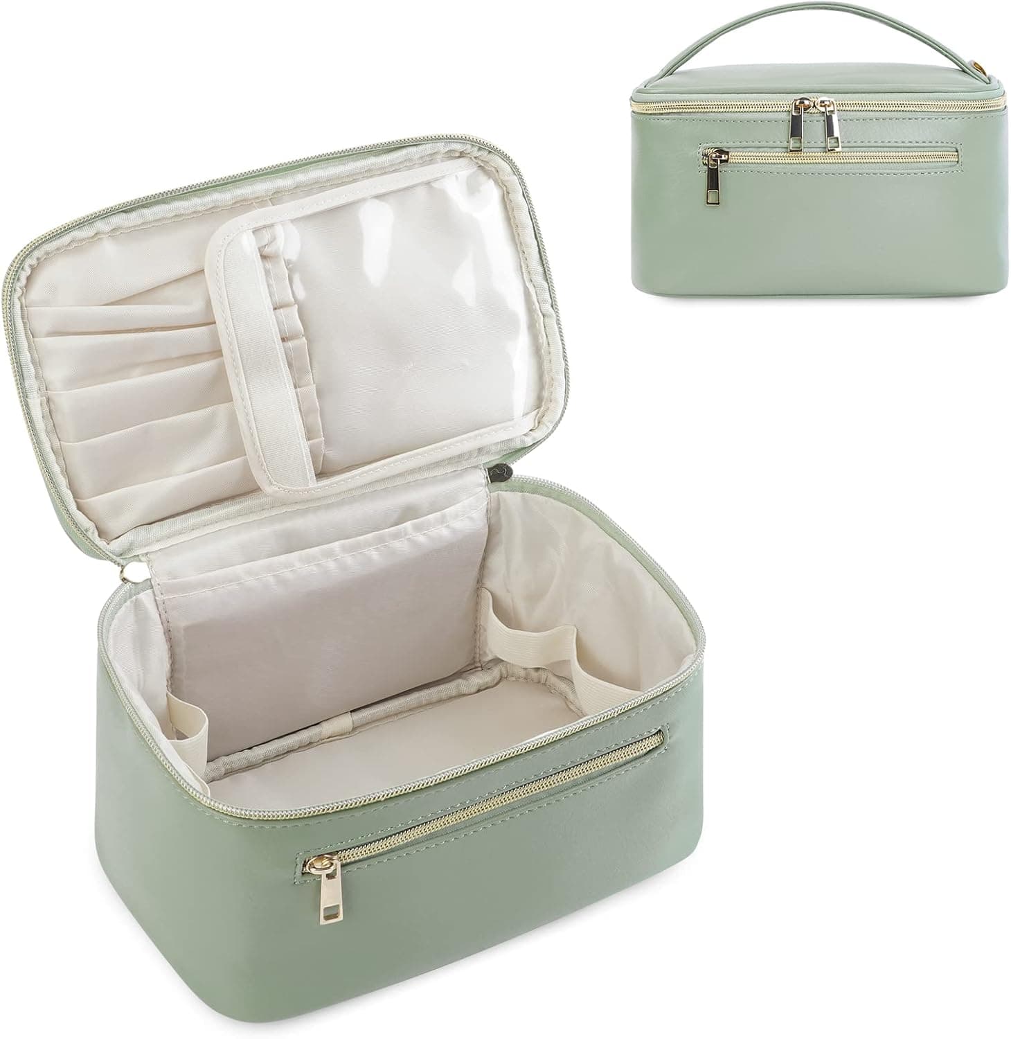 Neceser de cuero vegano verde de Wandering Nature con compartimento para brochas