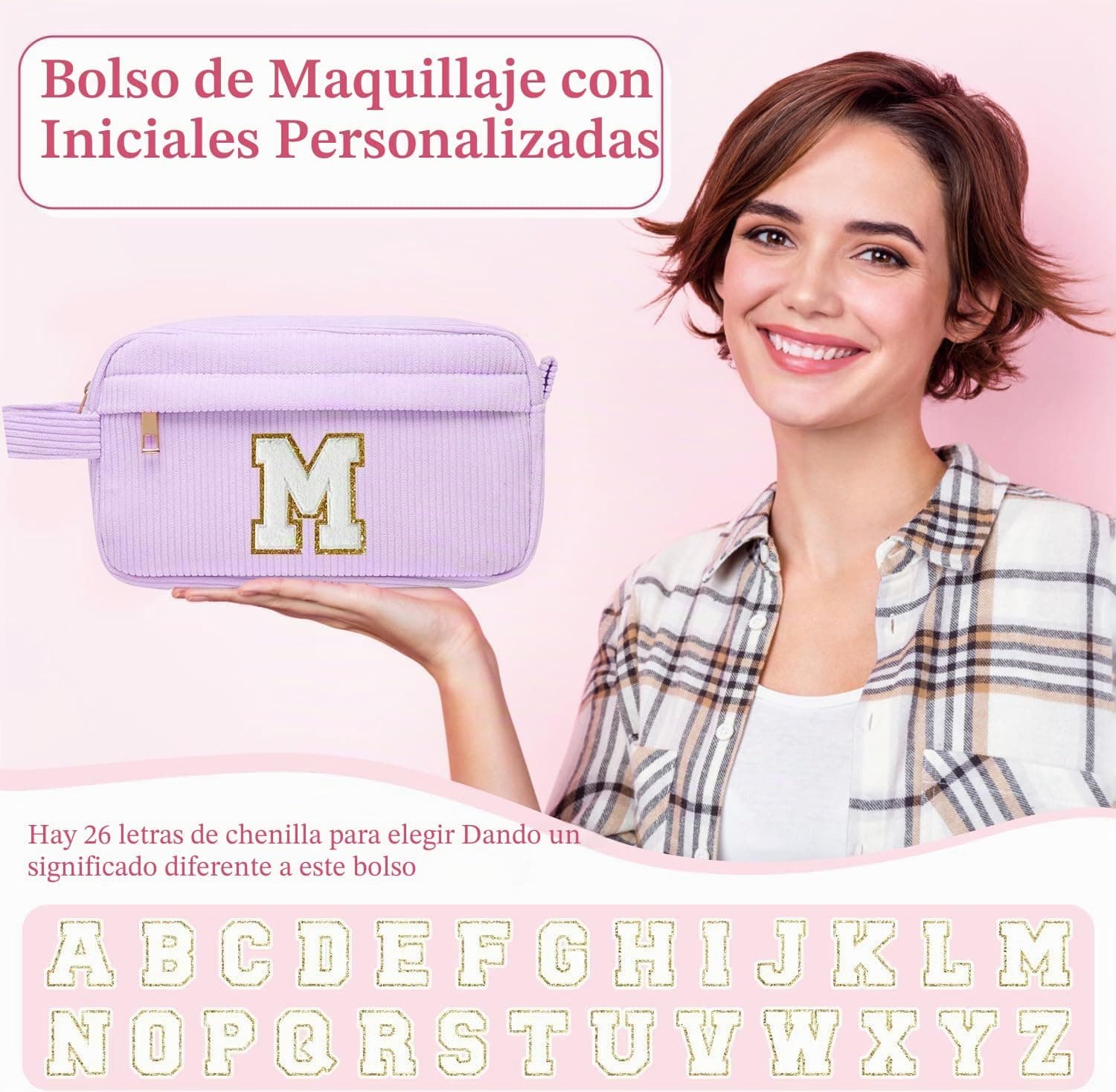 Neceser de maquillaje personalizado con inicial, de pana, foto 3