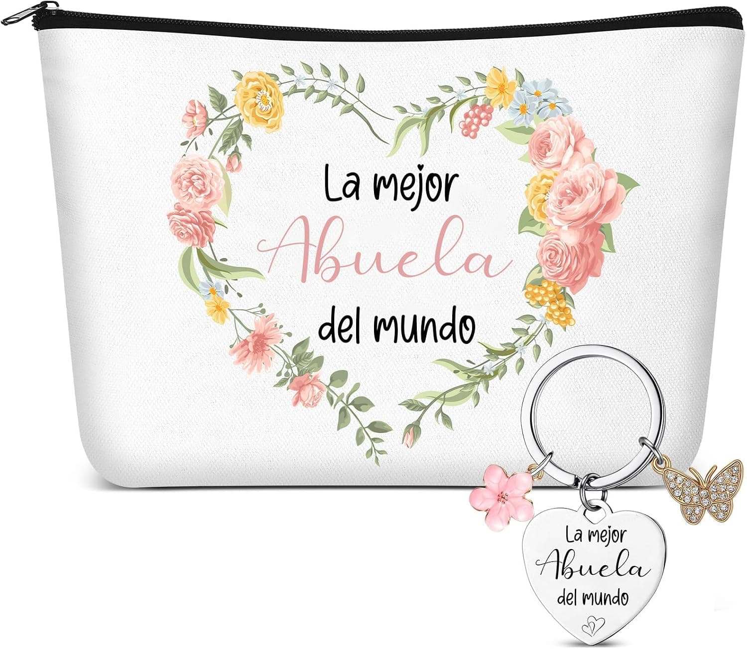 Neceser blanco de maquillaje con corona de flores rosas y la frase "La mejor abuela del mundo", junto a un llavero a juego con dijes de flor y mariposa | /img/regalos/neceser-maquillaje-llavero-regalo-abuela-2.jpg | Segunda imagen del neceser y llavero para abuela