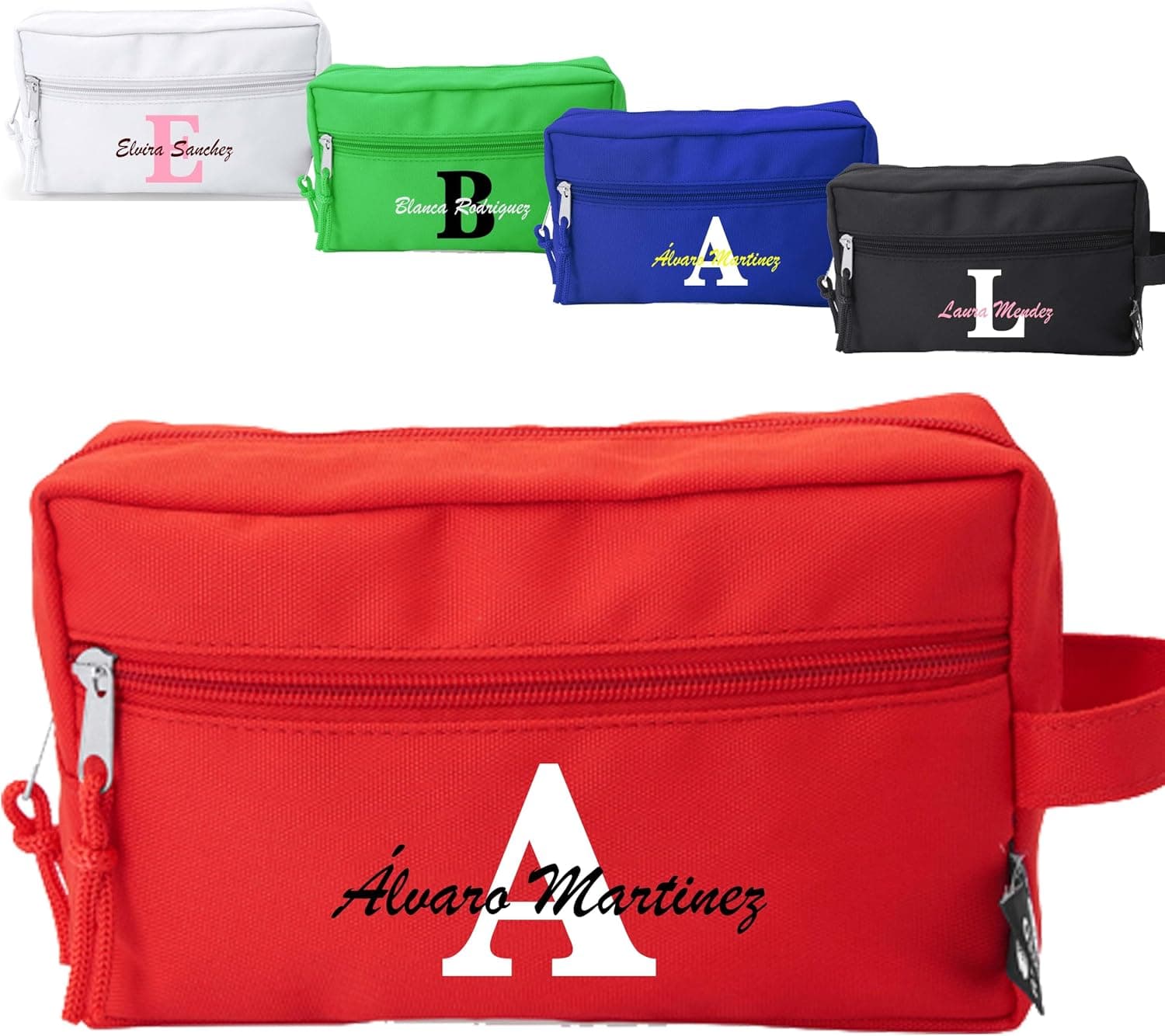Neceser de colores personalizado con nombre, con cinta de transporte a juego