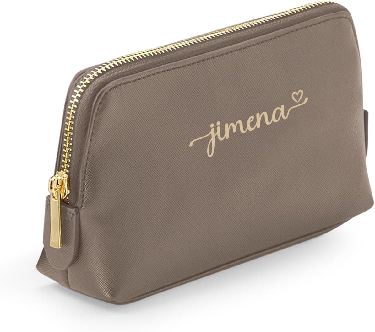 Neceser de color topo con acabado saffiano y el nombre "Jimena" impreso en dorado junto a un pequeño corazón