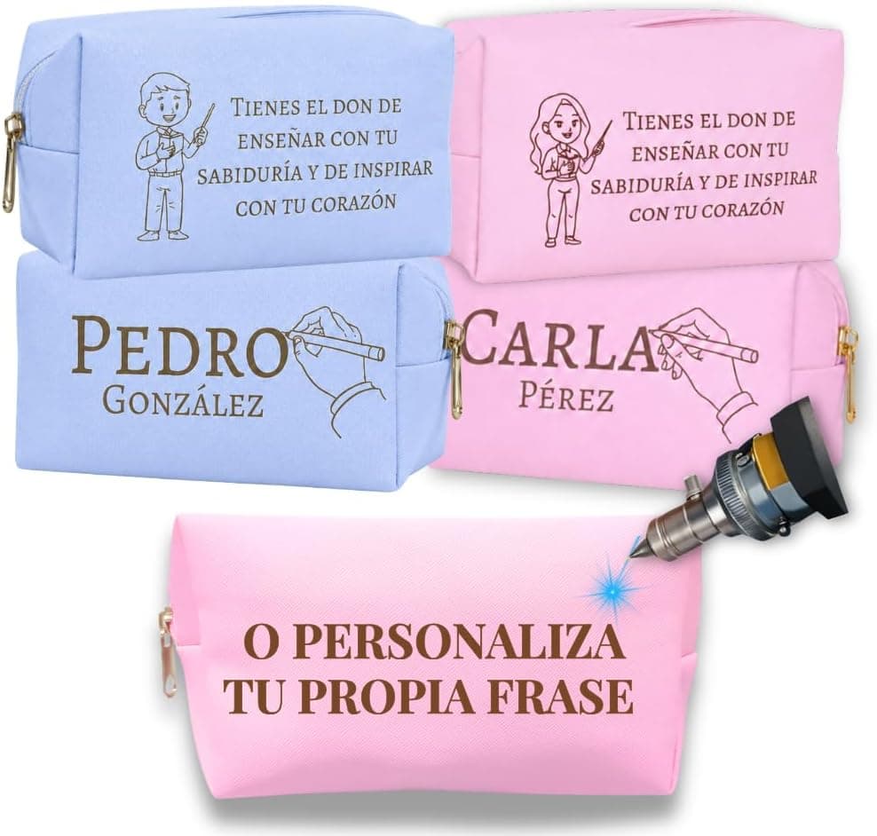 Neceser rosa y azul personalizados con el nombre del profesor o profesora