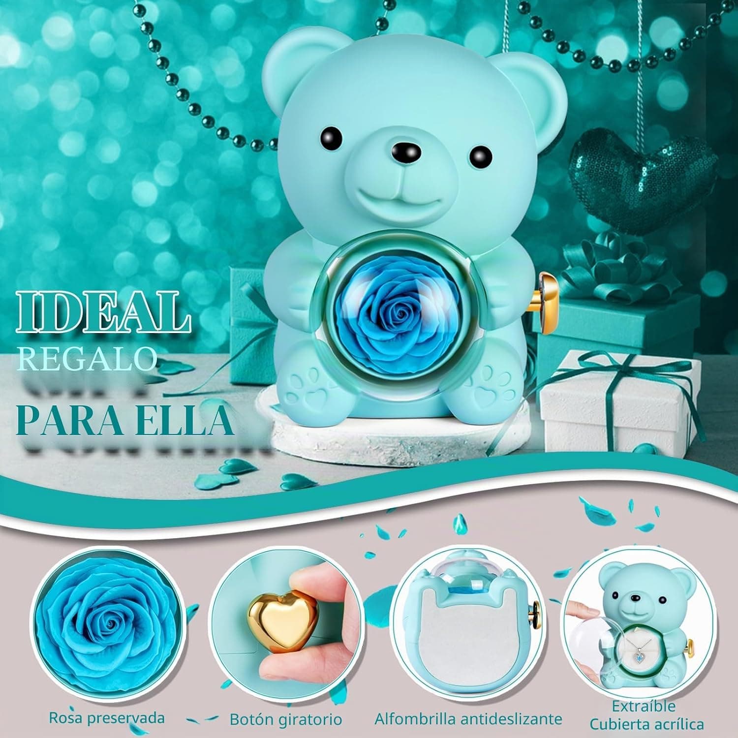 Oso de peluche con flor eterna y collar, foto 3