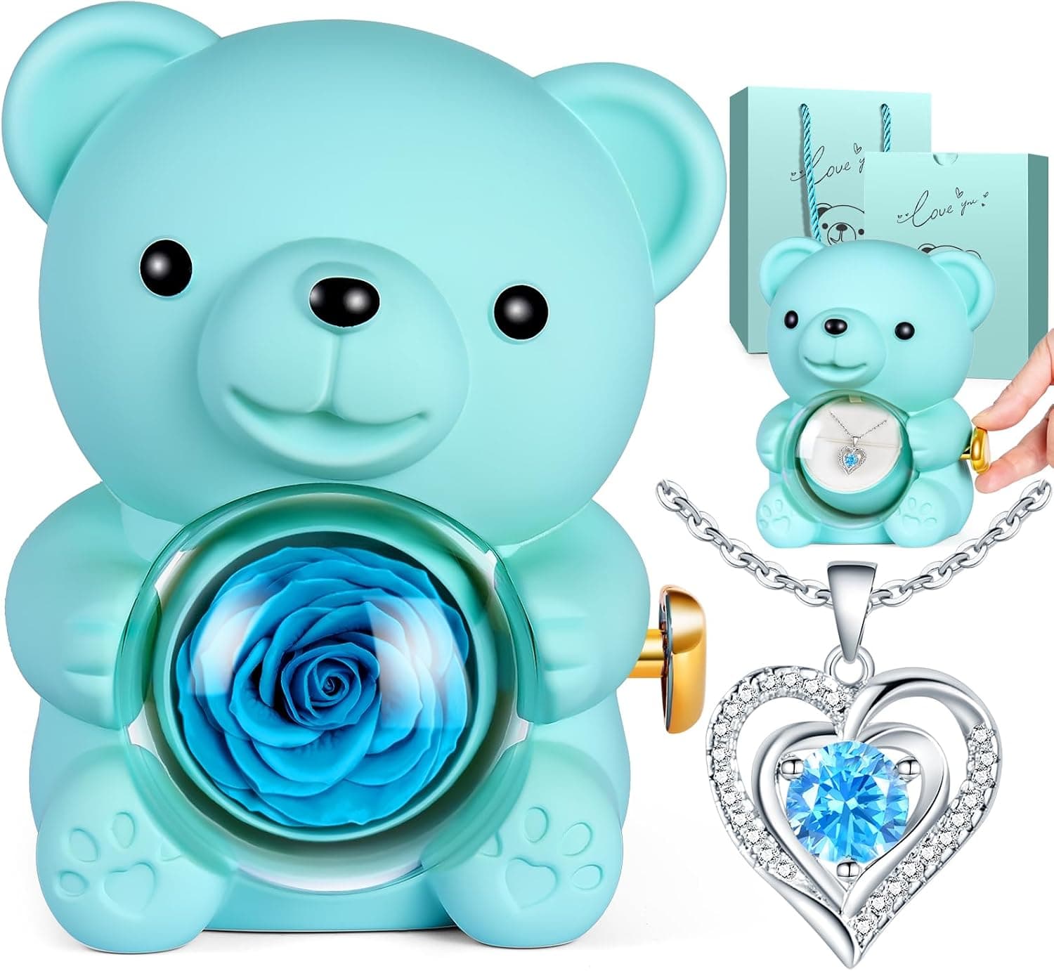 Oso de peluche con una flor eterna incorporada y un collar de regalo
