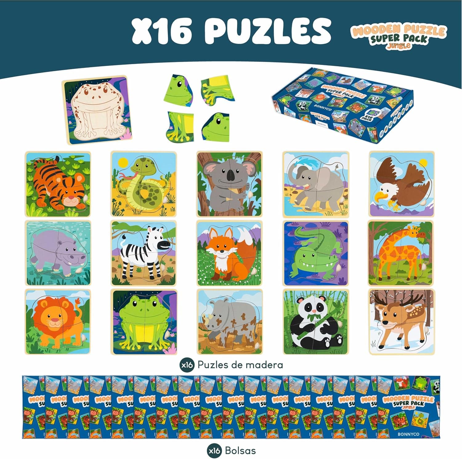 Pack de 16 puzzles de madera de animales para detalle infantil, foto 3