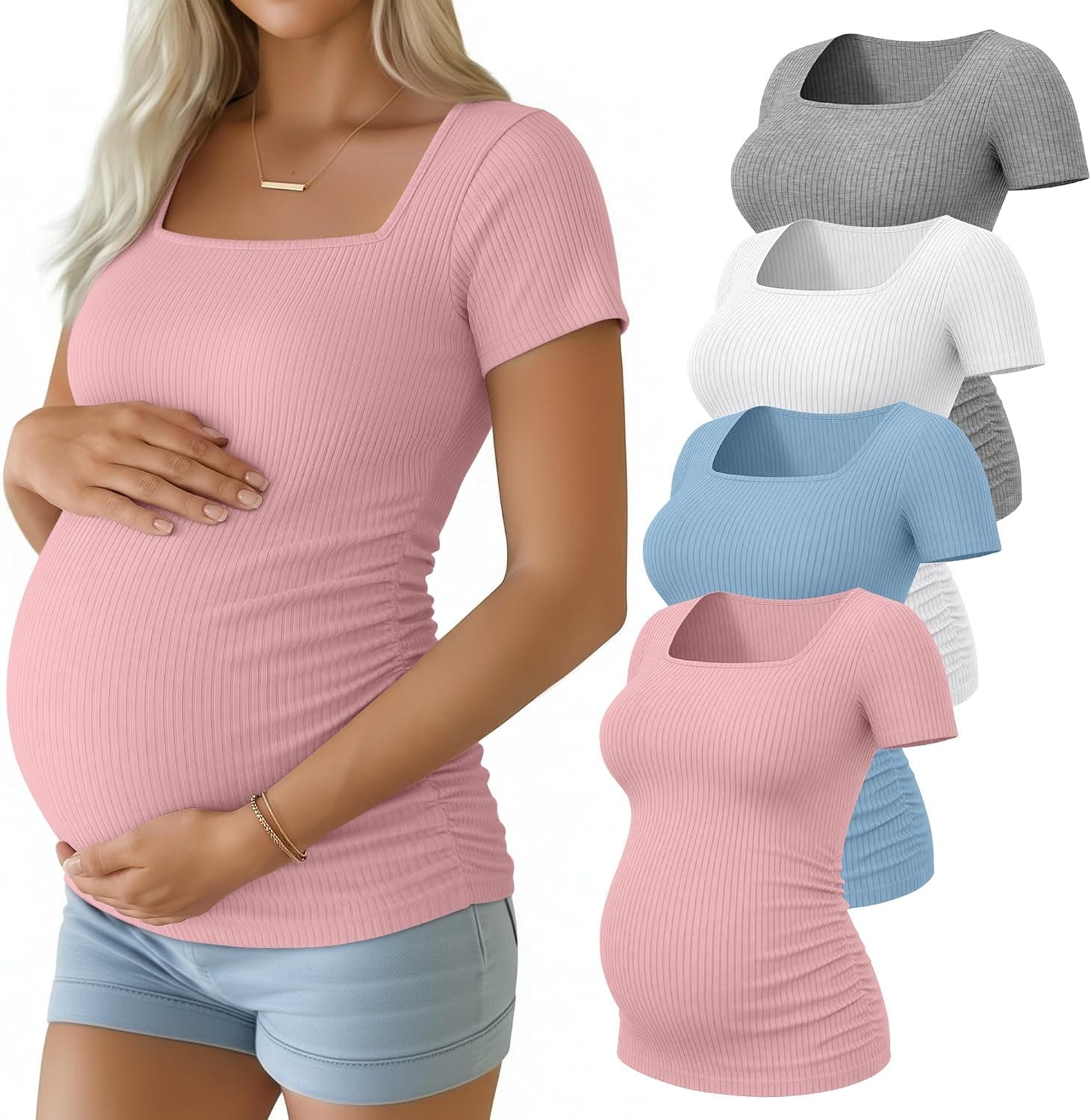 Cuatro camisetas de maternidad de manga corta en gris jaspeado, blanco, azul claro y rosa