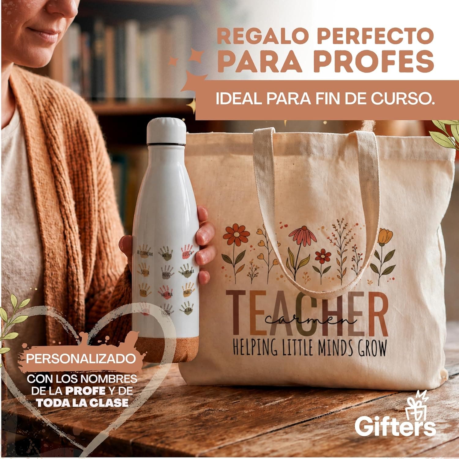 Pack bolso tote y botella personalizados para profesora, de Gifters, foto 3