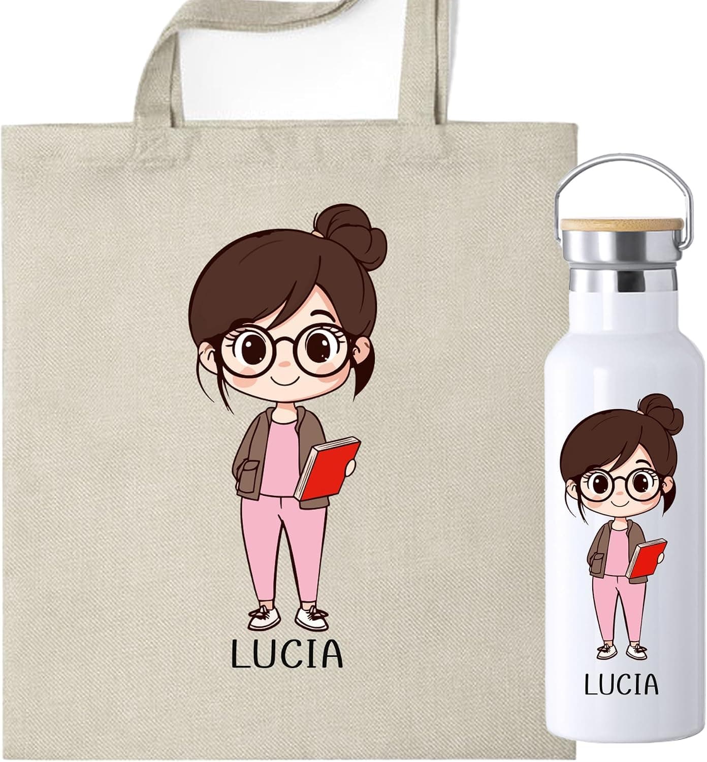 Botella térmica y bolsa de tela con ilustración de profesora personalizada