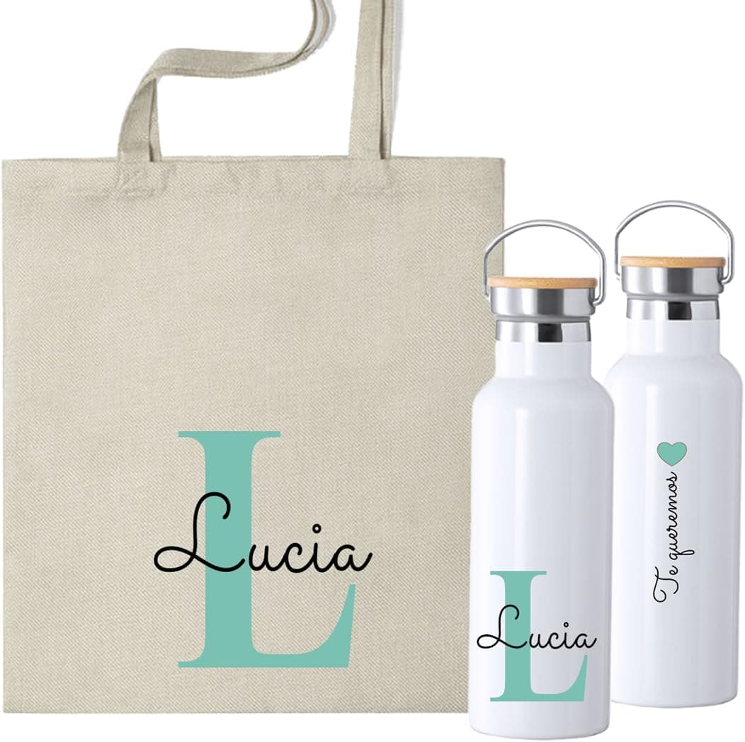 Pack con botella térmica de 500 ml y bolsa de tela a juego, ambas personalizadas con nombre e inicial