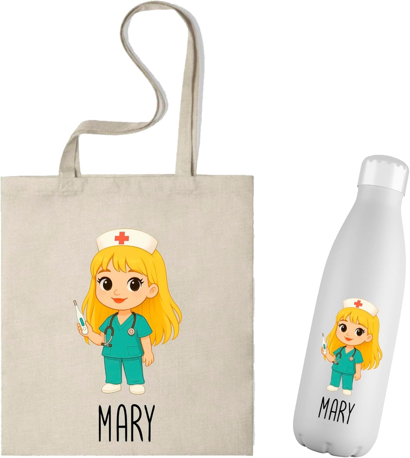 Pack botella térmica y tote personalizados con ilustración de enfermera, foto 2