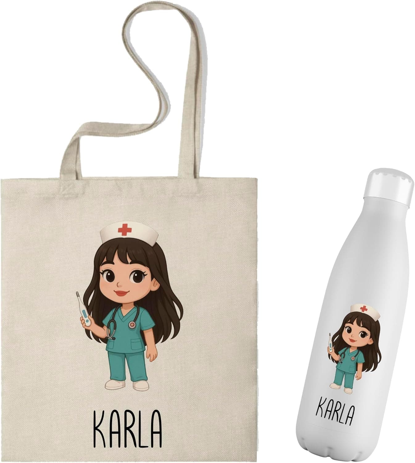 Pack botella térmica y tote personalizados con ilustración de enfermera, foto 3