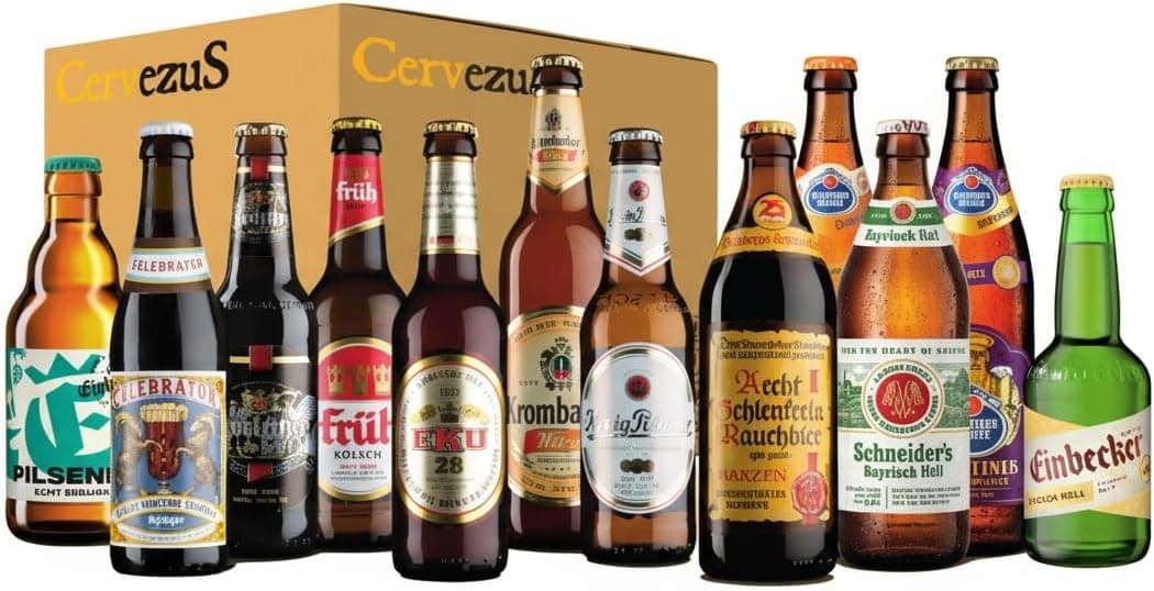La portada del folleto, con tres jarras de cerveza y el título Cervezas Alemanas