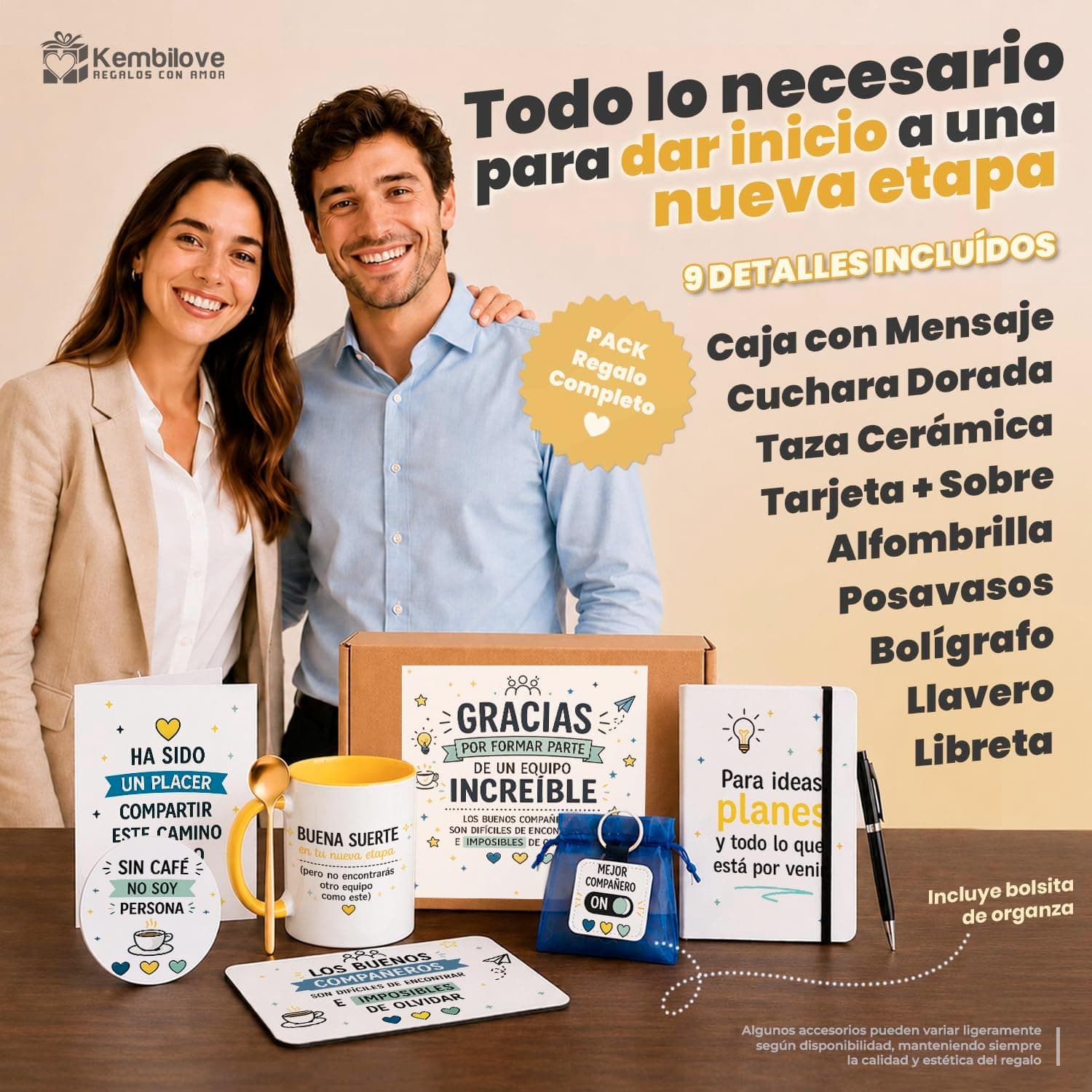 Primer plano de la taza blanca con interior amarillo y el texto «Buena suerte en tu nueva etapa (pero no encontrarás otro equipo como este)», junto a una cuchara dorada